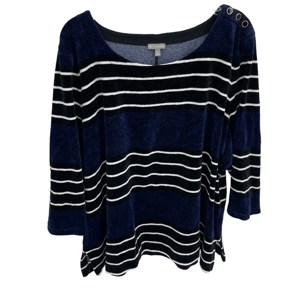 T by Talbots Striped Blue/Black VELOUR Tunic Top Button Shoulder Size 3XP